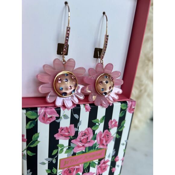 Betsey Johnson Springtime Statement Drop Multicolor Pink Flower Earrings - Picture 3 of 5